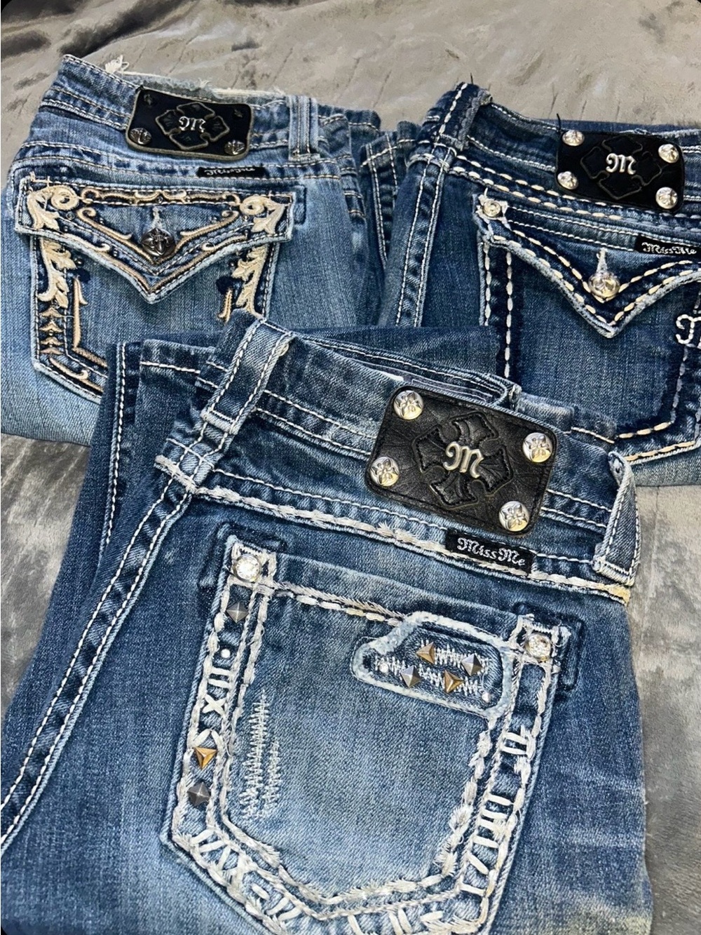 Miss Me Blue Embellished Bootcut Jeans Trio - Distressed & Detailed